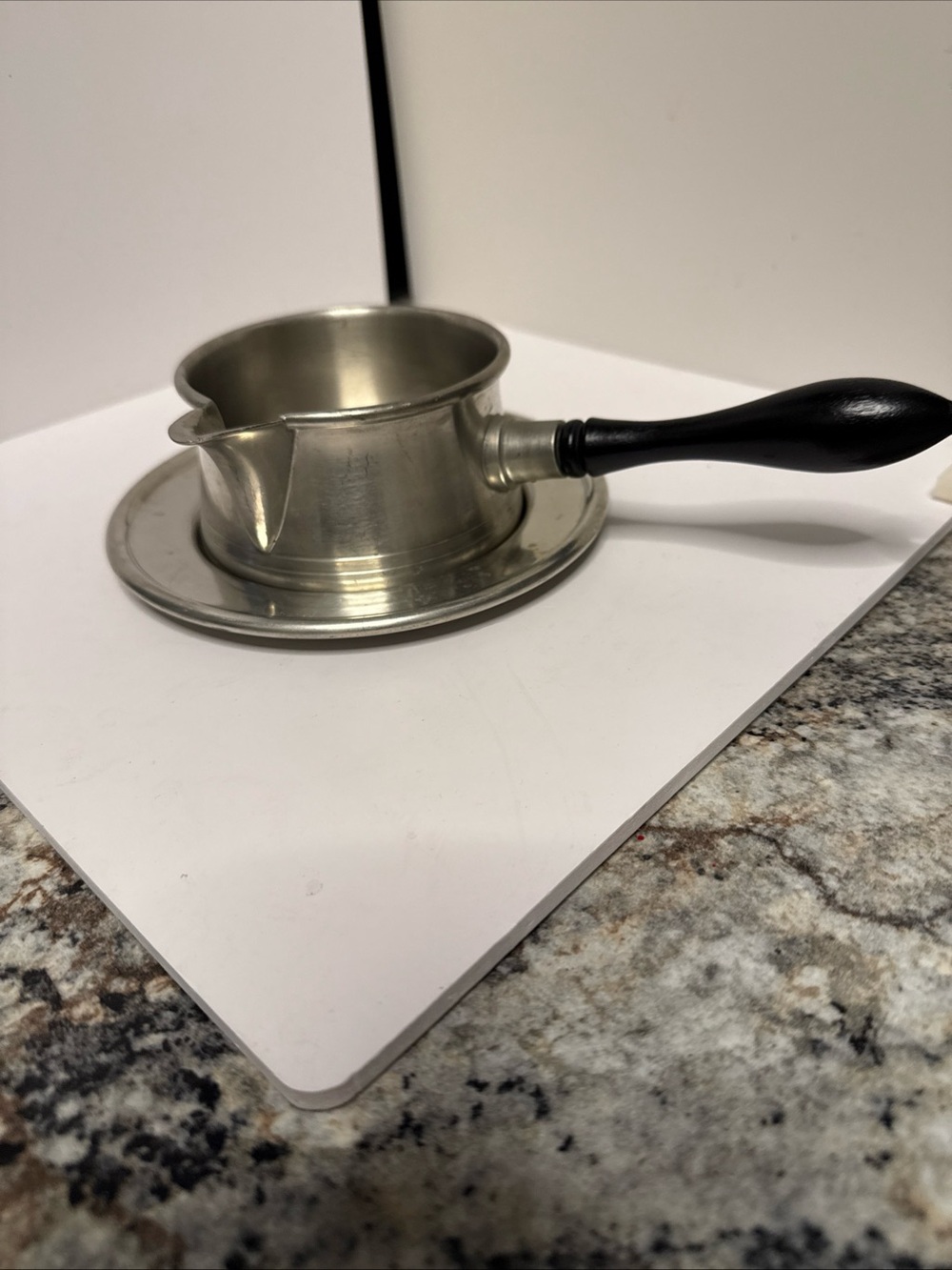 Woodbury Pewter Gravy Pitcher With Wood Handle And Matching Tray